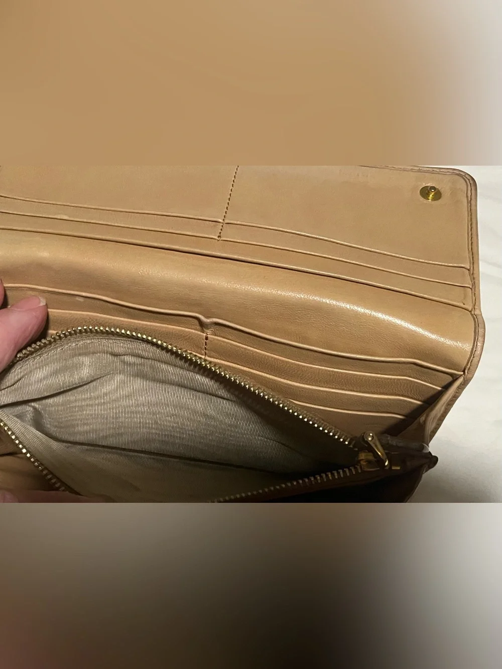 Prada Metallic Beige Ruched Leather Wallet with Gold Logo